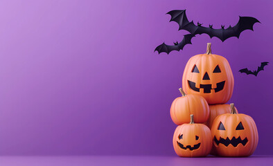 Wall Mural - Halloween pumpkins stacked with bats flying on a purple background banner, a minimal concept design. 