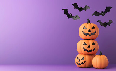 Wall Mural - Halloween pumpkins stacked with bats flying on a purple background banner, a minimal concept design. 