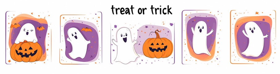 Wall Mural - Set of cute Halloween posters, cards and banners with ghost characters and pumpkin, candy bag design vector Illustration on white background