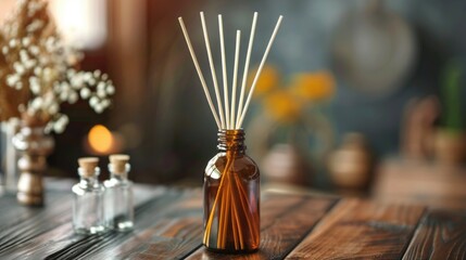 Canvas Print - A glass bottle with reeds on a wooden table, perfect for interior design or nature-inspired settings