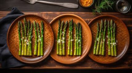 Freshly prepared asparagus arranged on rustic wooden plates with herbs and spices