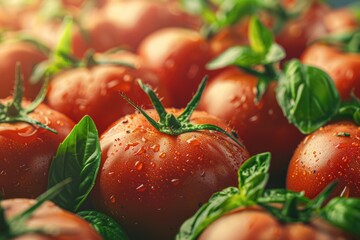 Fresh tomatoes glistening with water droplets