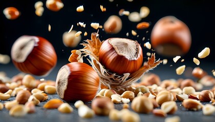 Wall Mural - Dynamic high-speed photography capturing the elegant motion of hazelnuts in flight