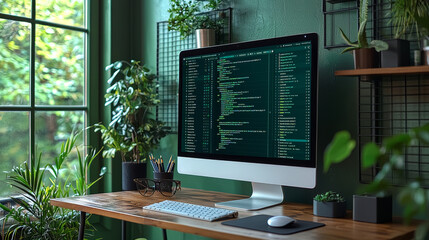 a modern workspace with a computer displaying code and surrounded by plants.