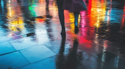 Poster - A blurred figure walking on a wet street reflecting colorful lights.