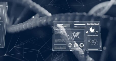 Wall Mural - Animation of screen with data processing over dna strand spinning