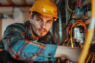 Canvas Print - A construction worker in a hard hat works on a machine, providing essential maintenance and repair services