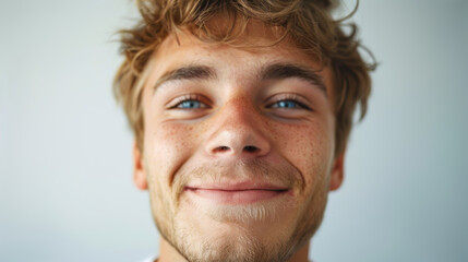 Wall Mural - Close-up of young man with freckles and blue eyes smiling