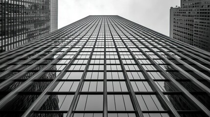 Wall Mural - A towering glass skyscraper viewed from below, emphasizing its height and architectural design.