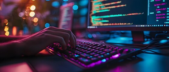 Hands of a software developer or programmer typing code on a mechanical keyboard with multiple coding application windows open representing the process of software development and problem solving