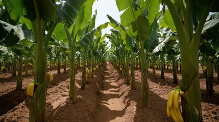 A grove of market-ready bananas trees (Musa species), with fruit ready for picking