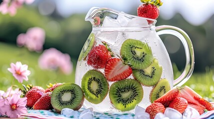 Refreshing pitcher with sliced kiwi and strawberries, ice cubes inside, resting on a picnic blanket in a blooming spring meadow.