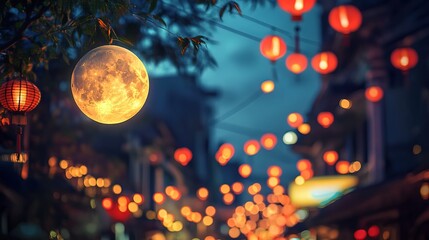 Wall Mural - Red lanterns hang from trees, casting warm light festive gathering, glowing the moon in the background