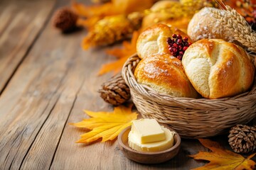 Freshly baked bread rolls in a basket with butter, surrounded by autumn decorations on a rustic wooden table.