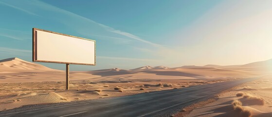 A blank billboard stands in a vast desert landscape under a bright blue sky, inviting creativity and outdoor exploration.