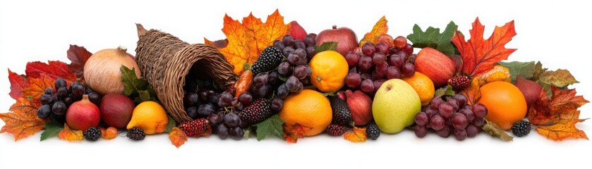 Wall Mural - A cornucopia overflowing with fruits, vegetables, and autumn leaves, symbol of abundance, realistic style, isolated on white background