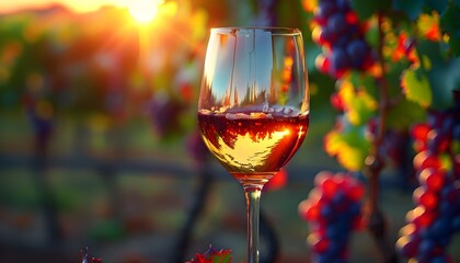 surreal close-up of a wine glass in a vineyard at sunset, vibrant colors reflecting in the wine, cre