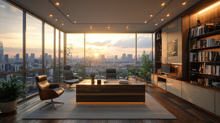 Canvas Print - Modern office with a stunning city view at sunset.