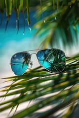 Wall Mural - Sunglasses resting on the top of a palm tree trunk, perfect for beach or tropical settings