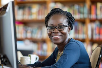 Wall Mural - A woman sits at a desk with a laptop open, ready to work or study