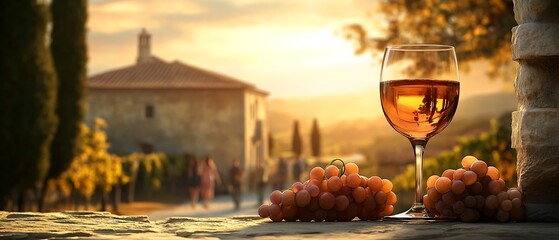 Glass of wine and grapes on table by old house, warm tones and vintage landscape