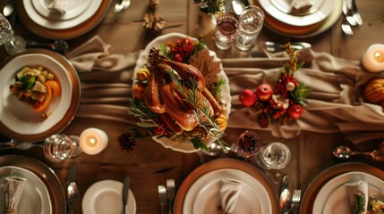 Dinner table set for a Thanksgiving meal with turkey, vegetables, pies and wine.