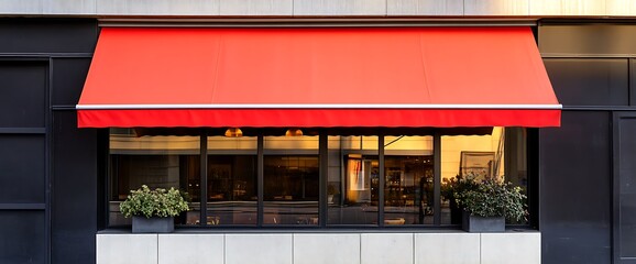 Wall Mural - Red awning over a store window with plants in pots.