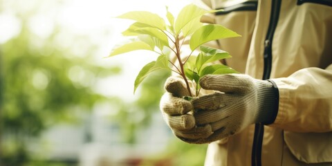 Person wearing gloves and holding a young plant, suggesting care and environmental consciousness.