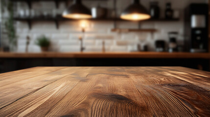 Wood table top on blur kitchen counter background