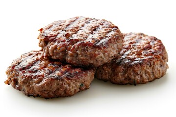 Three juicy hamburgers sitting on a clean white surface, great for food photography or advertising