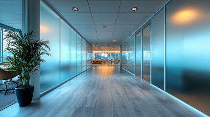 Wall Mural - Modern office hallway with frosted glass walls.