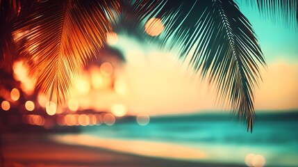 Wall Mural - Blurred tropical beach with palm trees, bokeh light background, summer vacation concept