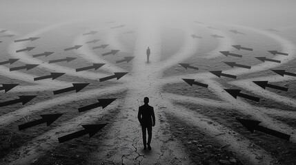 Confusion of Thought: A figure walking through a dense fog of crisscrossing arrows and signs, illustrating the confusion that arises when one thinks too much
