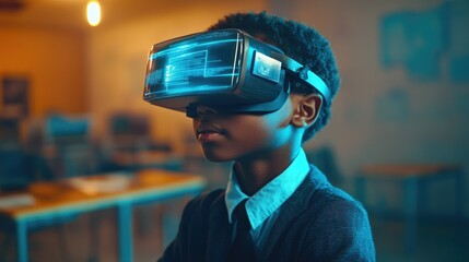 A young student wearing a VR headset, likely in a classroom setting.