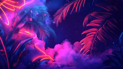 Neon Lights Illuminate Tropical Palm Leaves in a Smoky, Starry Night