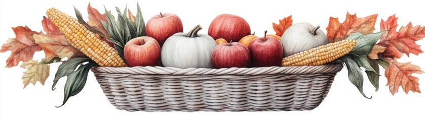 Wall Mural - A basket filled with pumpkins, apples, and corn, symbolizing Thanksgiving bounty, detailed digital art, isolated on white background