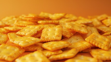 A vibrant pile of crunchy cheese crackers arranged on an orange background, perfect for snack and food themes.