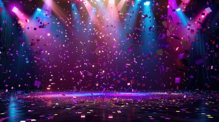 Wall Mural - Confetti shower and spotlight on stage mockup for events and celebrations