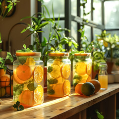 Wall Mural - A glass jar filled with a variety of fruits including oranges, strawberries, and lemons.