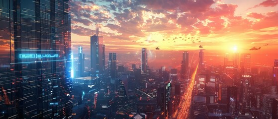 Wall Mural - A vibrant sunset over a futuristic city skyline with flying vehicles, showcasing innovation and technology in urban life.