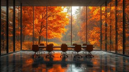 Wall Mural - A conference room with a stunning view of an autumnal forest.