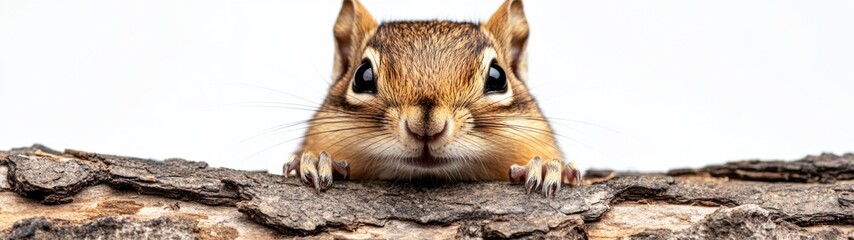 Wall Mural - Curious Chipmunk in Log, a full-body portrait of a chipmunk peering out from a log, set against a minimalist white background, showcasing its inquisitive nature.