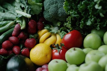 Wall Mural - A colorful assortment of fresh fruit, including a variety of apples, bananas, and an orange. The fruit is ripe, juicy, and ready to eat. This image suggests healthy eating habits