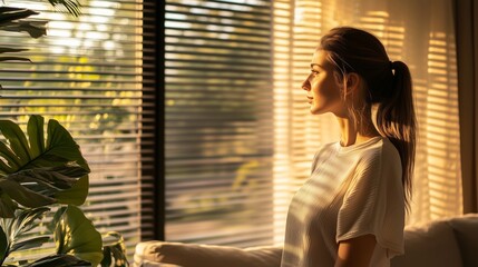 Poster - Woman enjoying morning sunlight by the window with indoor plants in a serene living room setting