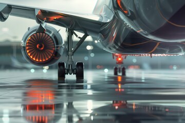 Close-up view of a modern aircraft's engine and landing gear, showcasing sleek design and advanced technology on a rainy runway.