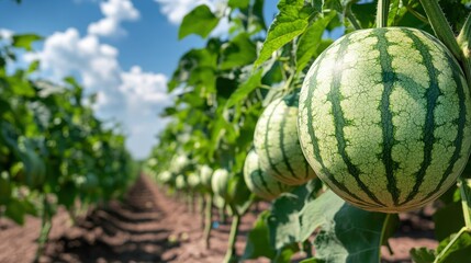 A grove of market-ready watermelon trees (Citrullus lanatus), with ripe fruit ready for picking