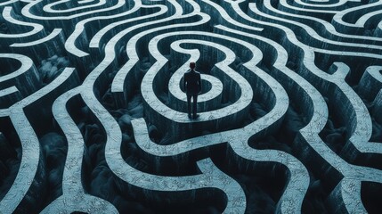 Wall Mural - endless maze of thoughts: a figure trapped in an abstract maze of swirling thoughts and question mar