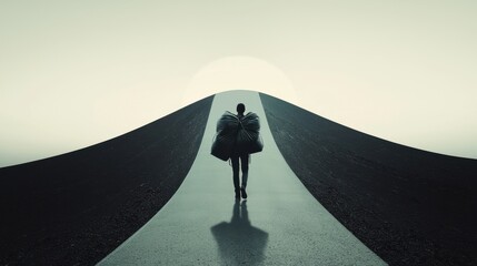 Wall Mural - endless road of labor: a figure walking on a seemingly endless road that curves up into the horizon