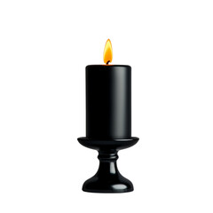 Elegant black candle with a burning flame on a sleek stand, isolated on a white background. Ideal for romantic or calming decor. isolated PNG transparent background. 