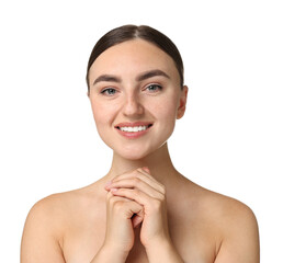 Poster - Beautiful young woman with healthy skin on white background